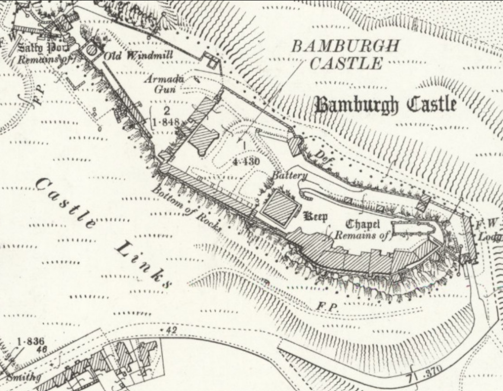 Another black and white ordnance survey map of Bamburgh Castle showing the major structures of the compound, slopes of green spaces, and no visible footpaths. Additionally, plots on the edge of the village are numbered.