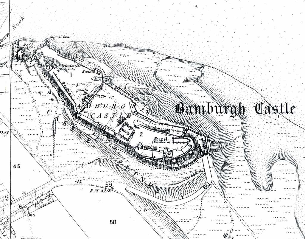 Black and white ordnance survey map of Bamburgh Castle showing the major walls of the compound, slopes of green spaces, and contemporary footpaths. Additionally, plots on the edge of the village are numbered.